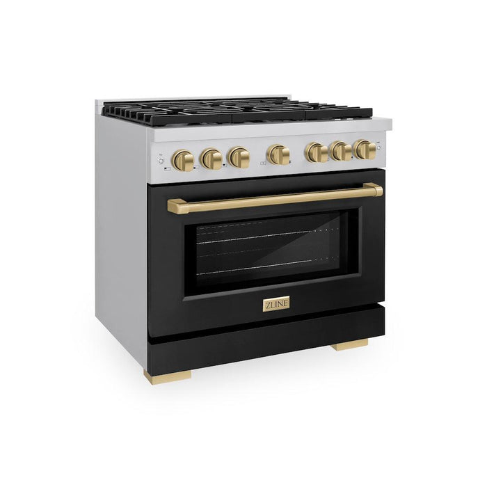 ZLINE Autograph Edition 36 in. 5.2 cu. ft. Paramount Gas Range with 6 Burner Cooktop and Convection Gas Oven in Stainless Steel with Black Matte Door and Champagne Bronze Accents (SGRZ-BLM-36-CB)