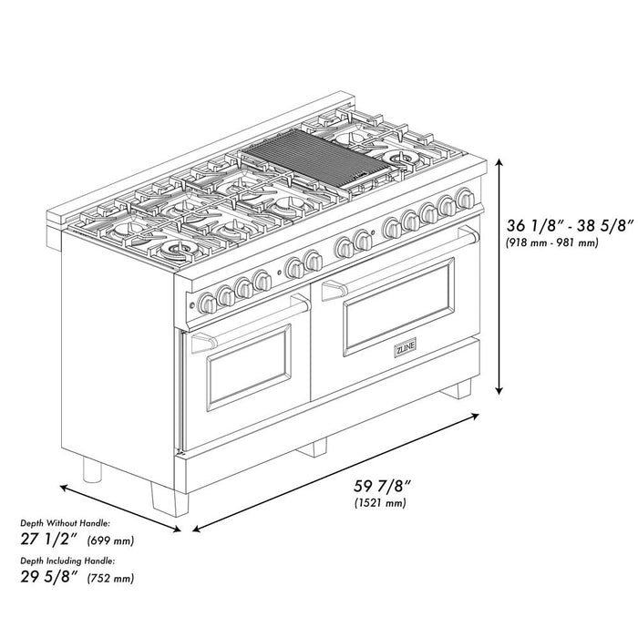 ZLINE Autograph Edition 60 in. 7.4 cu. ft. Legacy Dual Fuel Range with 9 Burner Gas Cooktop and 2 Electric Convection Ovens in Stainless Steel and Polished Gold Accents (RAZ-60-G)