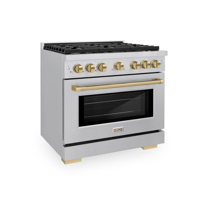 ZLINE Autograph Edition 36 in. 5.2 cu. ft. Paramount Dual Fuel Range with 6 Burner Gas Cooktop and Electric Convection Oven in Stainless Steel with Champagne Bronze Accents (SDRZ-36-CB)