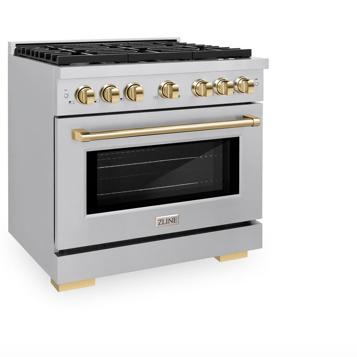 ZLINE Autograph Edition 36 in. 5.2 cu. ft. Paramount Dual Fuel Range with 6 Burner Gas Cooktop and Electric Convection Oven in Stainless Steel with Polished Gold Accents (SDRZ-36-G)