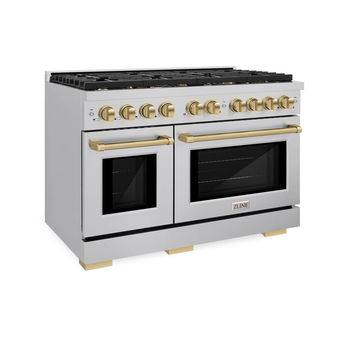 ZLINE Autograph Edition 48 in. 6.7 cu. ft. Paramount Double Oven Dual Fuel Range with 8 Burner Gas Cooktop in Stainless Steel and Champagne Bronze Accents (SDRZ-48-CB)