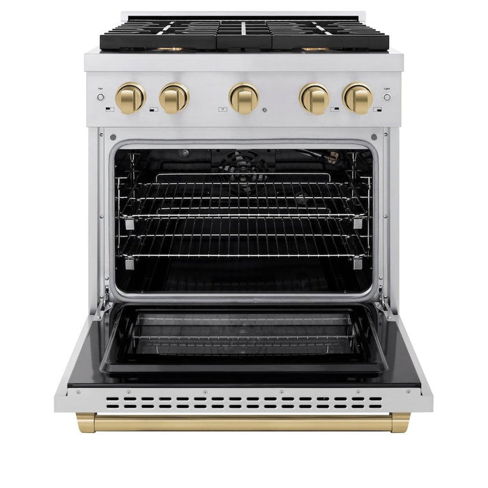 ZLINE Autograph Edition 30 in. 4.2 cu. ft. Paramount Gas Range with 4 Burner Cooktop and Convection Gas Oven in Stainless Steel and Champagne Bronze Accents (SGRZ-30-CB)