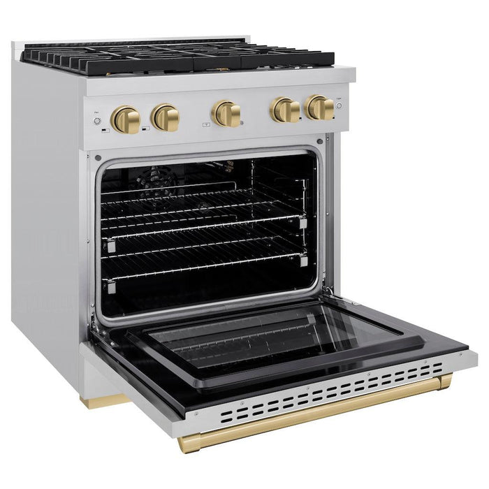 ZLINE Autograph Edition 30 in. 4.2 cu. ft. Paramount Gas Range with 4 Burner Cooktop and Convection Gas Oven in Stainless Steel and Champagne Bronze Accents (SGRZ-30-CB)