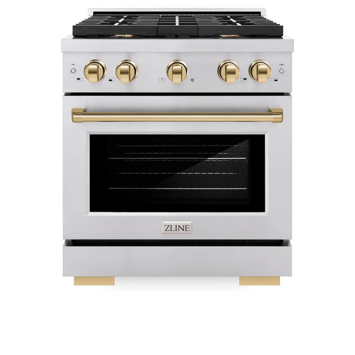 ZLINE Autograph Edition 30 in. 4.2 cu. ft. Paramount Gas Range with 4 Burner Cooktop and Convection Gas Oven in Stainless Steel and Polished Gold Accents (SGRZ-30-G)