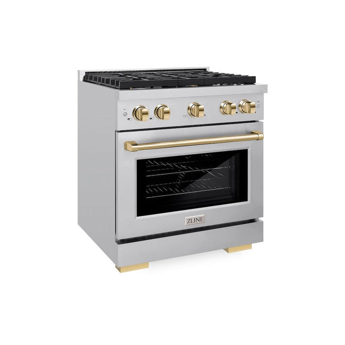 ZLINE Autograph Edition 30 in. 4.2 cu. ft. Paramount Gas Range with 4 Burner Cooktop and Convection Gas Oven in Stainless Steel and Polished Gold Accents (SGRZ-30-G)