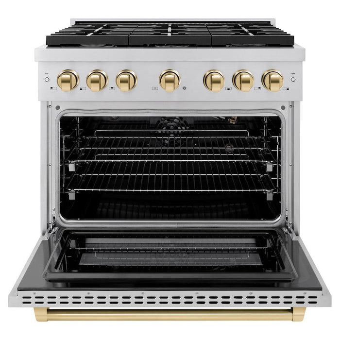 ZLINE Autograph Edition 36 in. 5.2 cu. ft. Paramount Gas Range with 6 Burner Cooktop and Convection Gas Oven in Stainless Steel and Polished Gold Accents (SGRZ-36-G)