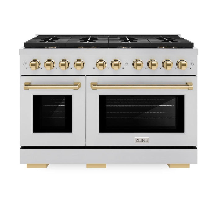 ZLINE Autograph Edition 48 in. 6.7 cu. ft. Paramount Double Oven Gas Range with 8 Burner Cooktop in Stainless Steel and Polished Gold Accents (SGRZ-48-G)