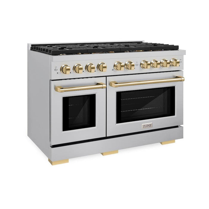 ZLINE Autograph Edition 48 in. 6.7 cu. ft. Paramount Double Oven Gas Range with 8 Burner Cooktop in Stainless Steel and Polished Gold Accents (SGRZ-48-G)