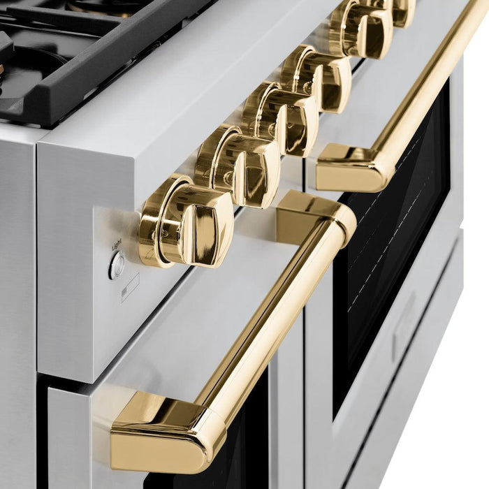 ZLINE Autograph Edition 48 in. 6.7 cu. ft. Paramount Double Oven Gas Range with 8 Burner Cooktop in Stainless Steel and Polished Gold Accents (SGRZ-48-G)