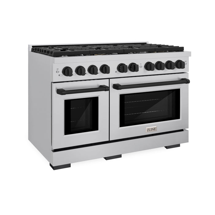 ZLINE Autograph Edition 48 in. 6.7 cu. ft. Paramount Double Oven Gas Range with 8 Burner Cooktop in Stainless Steel and Matte Black Accents (SGRZ-48-MB)