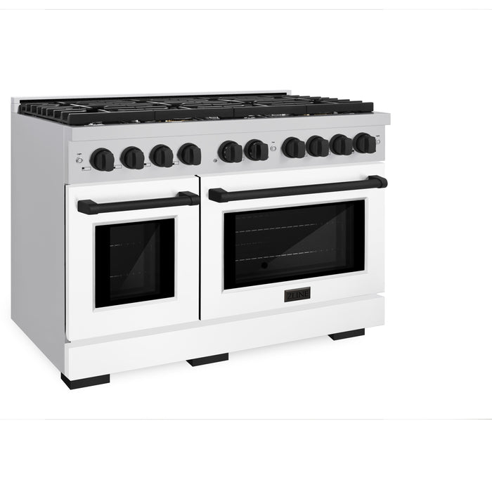 ZLINE Autograph Edition 48 in. 6.7 cu. ft. Paramount Double Oven Dual Fuel Range with 8 Burner Gas Cooktop in Stainless Steel with White Matte Doors and Matte Black Accents (SDRZ-WM-48-MB)