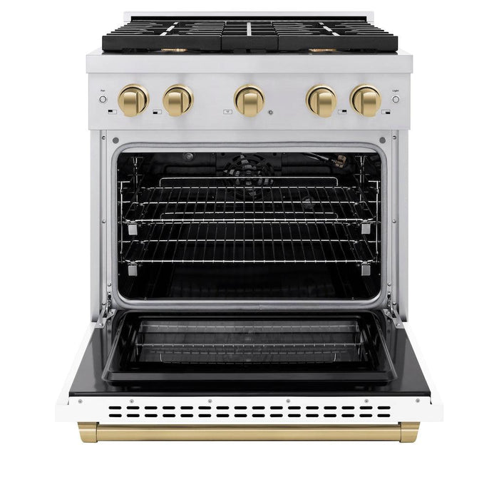 ZLINE Autograph Edition 30 in. 4.2 cu. ft. Paramount Gas Range with 4 Burner Cooktop and Convection Gas Oven in Stainless Steel with White Matte Door and Champagne Bronze Accents (SGRZ-WM-30-CB)