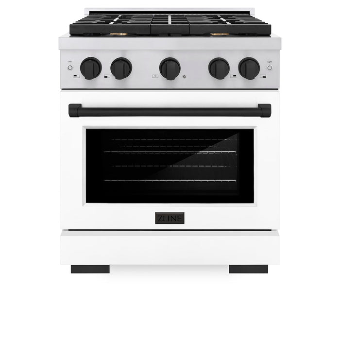 ZLINE Autograph Edition 30 in. 4.2 cu. ft. Paramount Gas Range with 4 Burner Cooktop and Convection Gas Oven in Stainless Steel with White Matte Door and Matte Black Accents (SGRZ-WM-30-MB)