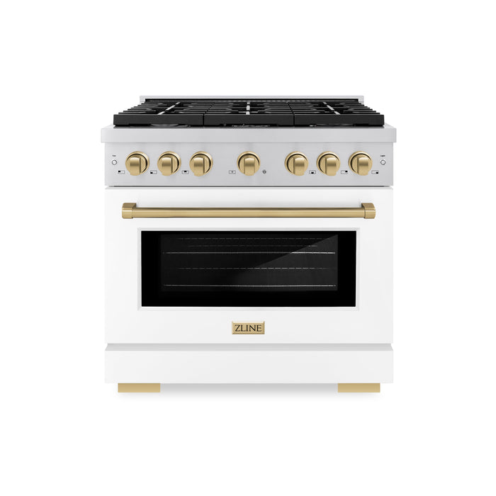 ZLINE Autograph Edition 36 in. 5.2 cu. ft. Paramount Dual Fuel Range with 6 Burner Gas Cooktop and Electric Convection Oven in Stainless Steel with White Matte Door and Champagne Bronze Accents (SDRZ-WM-36-CB)