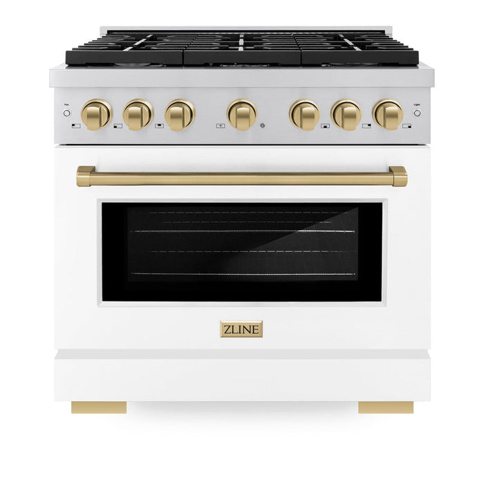 ZLINE Autograph Edition 36 in. 5.2 cu. ft. Paramount Dual Fuel Range with 6 Burner Gas Cooktop and Electric Convection Oven in Stainless Steel with White Matte Door and Champagne Bronze Accents (SDRZ-WM-36-CB)