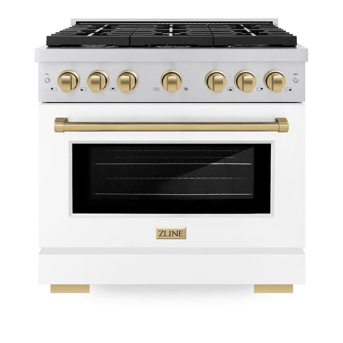 ZLINE Autograph Edition 36 in. 5.2 cu. ft. Paramount Gas Range with 6 Burner Cooktop and Convection Gas Oven in Stainless Steel with White Matte Door and Champagne Bronze Accents (SGRZ-WM-36-CB)