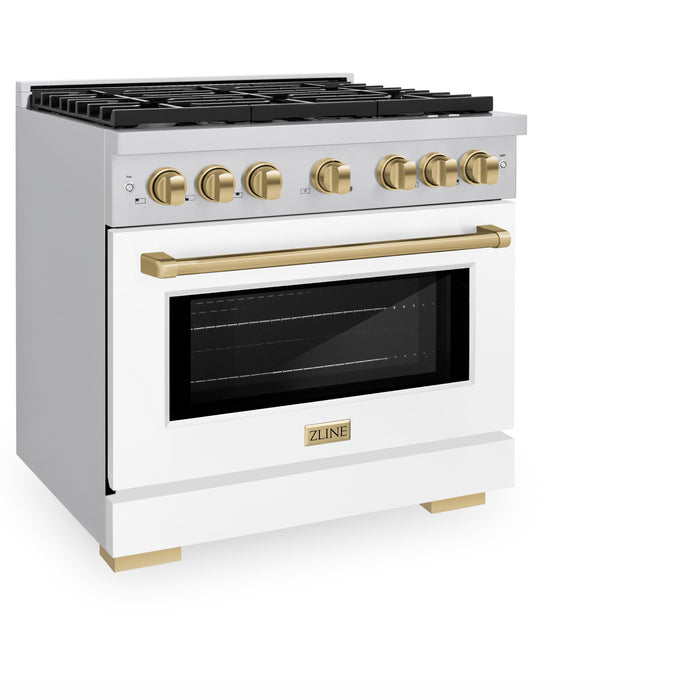 ZLINE Autograph Edition 36 in. 5.2 cu. ft. Paramount Dual Fuel Range with 6 Burner Gas Cooktop and Electric Convection Oven in Stainless Steel with White Matte Door and Champagne Bronze Accents (SDRZ-WM-36-CB)