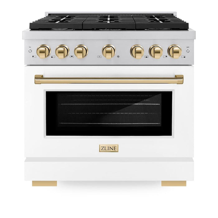 ZLINE Autograph Edition 36 in. 5.2 cu. ft. Paramount Gas Range with 6 Burner Cooktop and Convection Gas Oven in Stainless Steel with White Matte Door and Polished Gold Accents (SGRZ-WM-36-G)