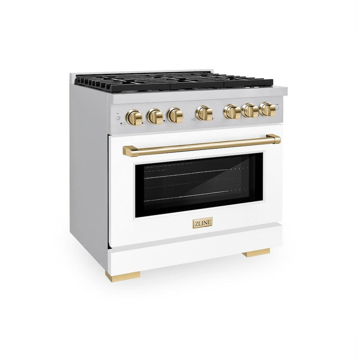 ZLINE Autograph Edition 36 in. 5.2 cu. ft. Paramount Gas Range with 6 Burner Cooktop and Convection Gas Oven in Stainless Steel with White Matte Door and Polished Gold Accents (SGRZ-WM-36-G)