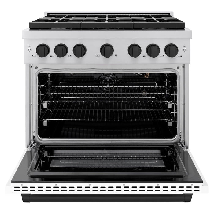 ZLINE Autograph Edition 36 in. 5.2 cu. ft. Paramount Gas Range with 6 Burner Cooktop and Convection Gas Oven in Stainless Steel with White Matte Door and Matte Black Accents (SGRZ-WM-36-MB)