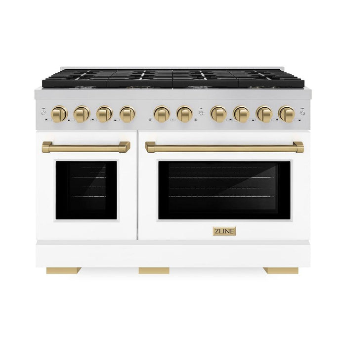 ZLINE Autograph Edition 48 in. 6.7 cu. ft. Paramount Double Oven Gas Range with 8 Burner Cooktop in Stainless Steel with White Matte Doors and Champagne Bronze Accents (SGRZ-WM-48-CB)