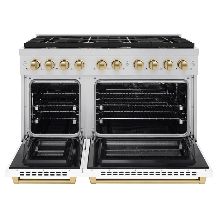 ZLINE Autograph Edition 48 in. 6.7 cu. ft. Paramount Double Oven Gas Range with 8 Burner Cooktop in Stainless Steel with White Matte Doors and Champagne Bronze Accents (SGRZ-WM-48-CB)