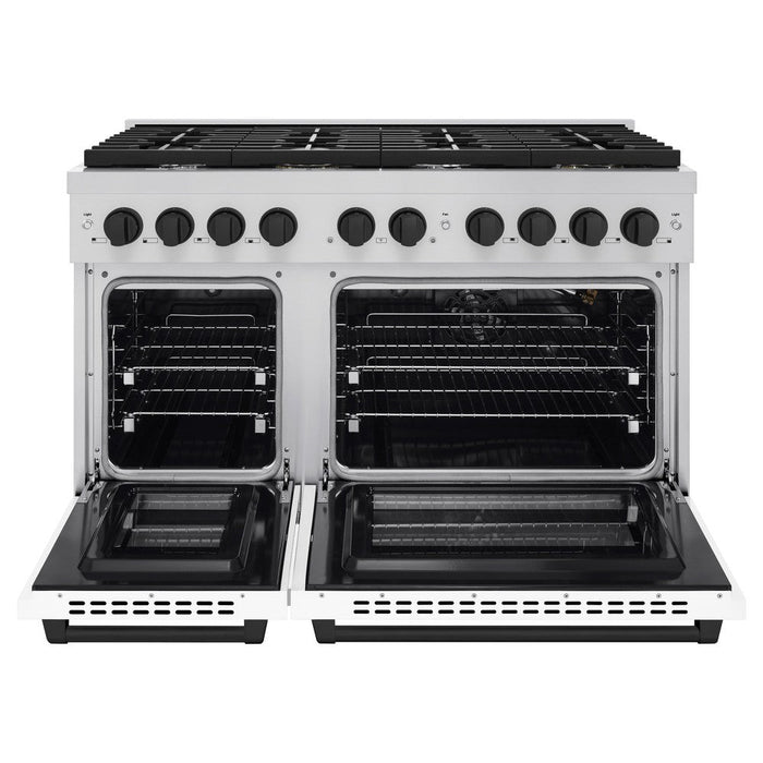 ZLINE Autograph Edition 48 in. 6.7 cu. ft. Paramount Double Oven Gas Range with 8 Burner Cooktop in Stainless Steel with White Matte Doors and Matte Black Accents (SGRZ-WM-48-MB)