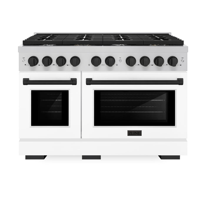 ZLINE Autograph Edition 48 in. 6.7 cu. ft. Paramount Double Oven Gas Range with 8 Burner Cooktop in Stainless Steel with White Matte Doors and Matte Black Accents (SGRZ-WM-48-MB)