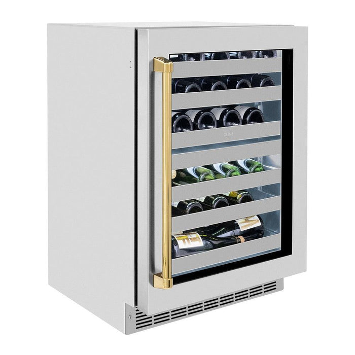 ZLINE Autograph Edition 24 in. Touchstone Dual Zone 44 Bottle Wine Cooler With Stainless Steel Glass Door And Polished Gold Handle (RWDOZ-GS-24-G)