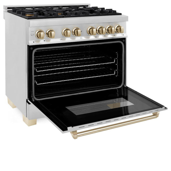 ZLINE Autograph Edition 36 in. 4.6 cu. ft. Legacy Dual Fuel Range with 6 Burner Gas Cooktop and Electric Convection Oven in Stainless Steel and Polished Gold Accents (RAZ-36-G)