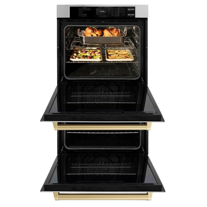 ZLINE Autograph Edition 30 in. Professional True Convection Double Wall Oven with Air Fry and Self Clean in Stainless Steel with Champagne Bronze Handles (WADZ-30-CB)