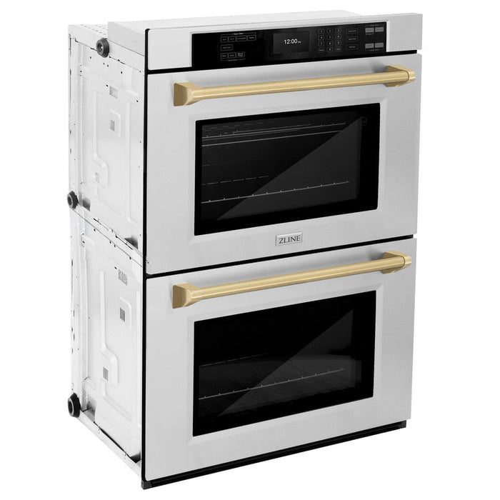 ZLINE Autograph Edition 30 in. Professional True Convection Double Wall Oven with Air Fry and Self Clean in Stainless Steel with Champagne Bronze Handles (WADZ-30-CB)