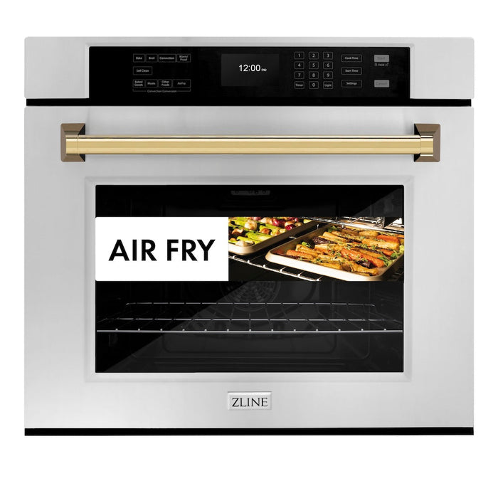 ZLINE Autograph Edition 30 in. Professional True Convection Single Wall Oven with Air Fry and Self Clean in Stainless Steel with Polished Gold Handle (WASZ-30-G)