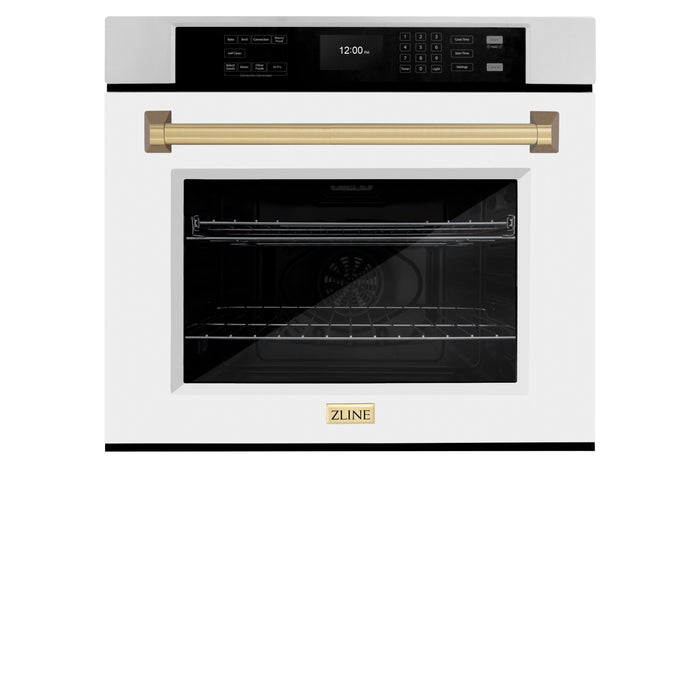 ZLINE Autograph Edition 30 in. Professional True Convection Single Wall Oven with Air Fry and Self Clean in Stainless Steel with White Matte Door and Champagne Bronze Handle (WASZ-WM-30-CB)