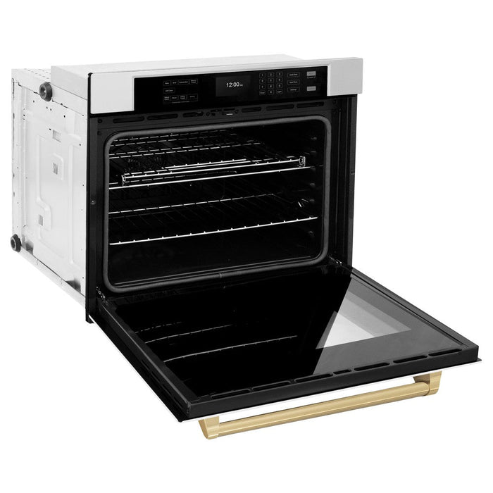 ZLINE Autograph Edition 30 in. Professional True Convection Single Wall Oven with Air Fry and Self Clean in Stainless Steel with White Matte Door and Champagne Bronze Handle (WASZ-WM-30-CB)