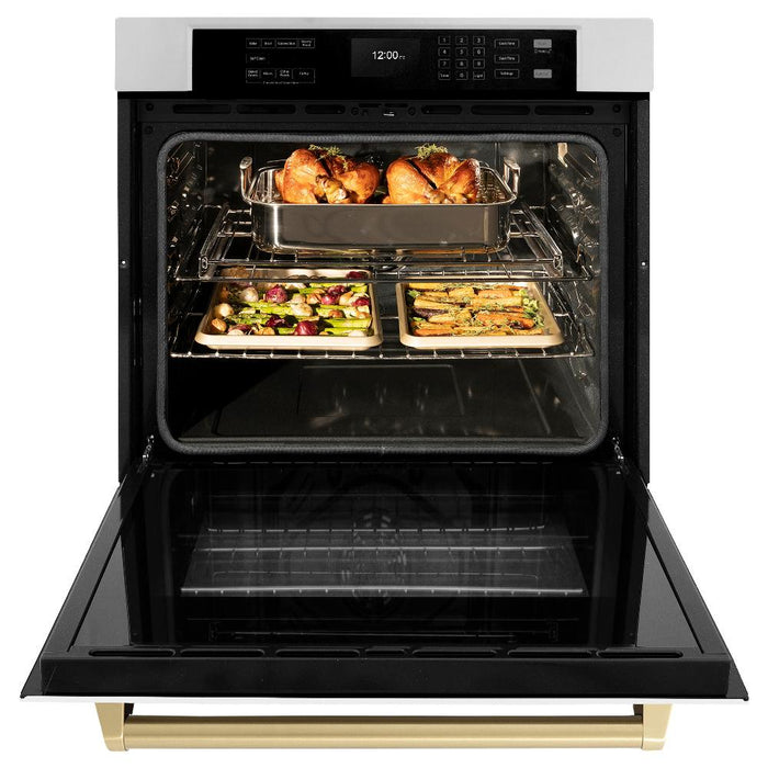 ZLINE Autograph Edition 30 in. Professional True Convection Single Wall Oven with Air Fry and Self Clean in Stainless Steel with White Matte Door and Polished Gold Handle (WASZ-WM-30-G)