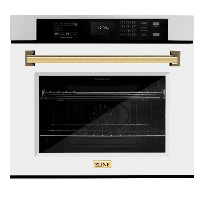 ZLINE Autograph Edition 30 in. Professional True Convection Single Wall Oven with Air Fry and Self Clean in Stainless Steel with White Matte Door and Polished Gold Handle (WASZ-WM-30-G)