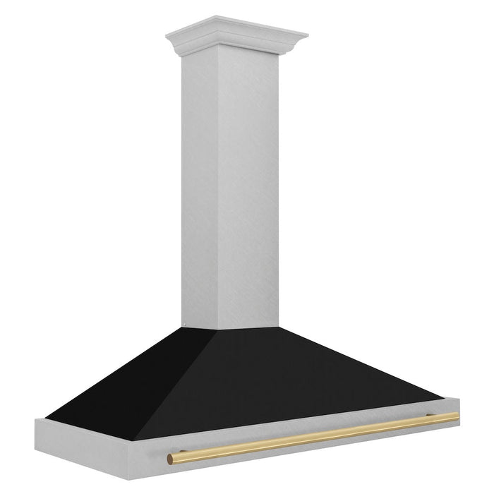 ZLINE Autograph Edition Convertible Fingerprint Resistant DuraSnow® Stainless Steel Range Hood with Black Matte Shell and Champagne Bronze Handle (KB4SNZ-BLM-CB) Champagne Bronze, side.