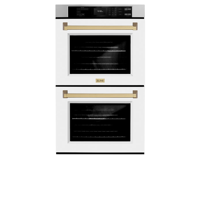 ZLINE Autograph Edition 30 in. Professional True Convection Double Wall Oven with Air Fry and Self Clean in Stainless Steel with White Matte Doors and Champagne Bronze Handles (WADZ-WM-30-CB)