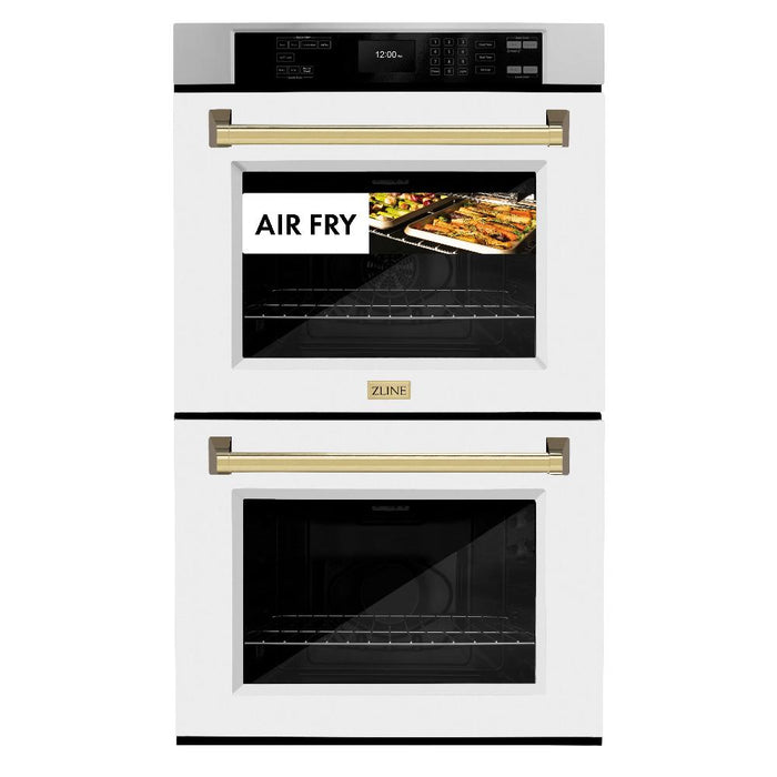 ZLINE Autograph Edition 30 in. Professional True Convection Double Wall Oven with Air Fry and Self Clean in Stainless Steel with White Matte Doors and Polished Gold Handles (WADZ-WM-30-G)