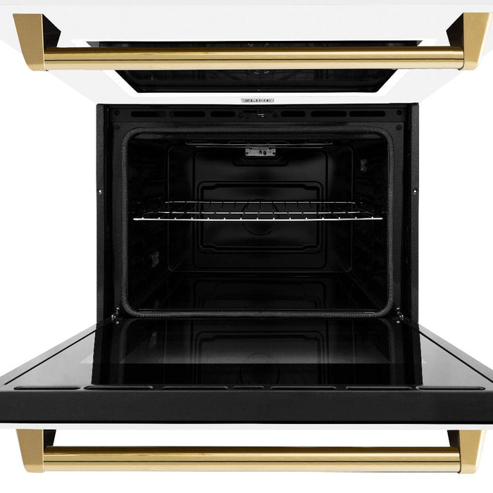 ZLINE Autograph Edition 30 in. Professional True Convection Double Wall Oven with Air Fry and Self Clean in Stainless Steel with White Matte Doors and Polished Gold Handles (WADZ-WM-30-G)