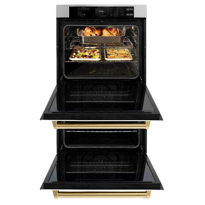 ZLINE Autograph Edition 30 in. Professional True Convection Double Wall Oven with Air Fry and Self Clean in Stainless Steel with White Matte Doors and Polished Gold Handles (WADZ-WM-30-G)