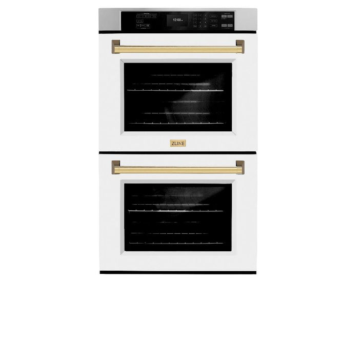 ZLINE Autograph Edition 30 in. Professional True Convection Double Wall Oven with Air Fry and Self Clean in Stainless Steel with White Matte Doors and Polished Gold Handles (WADZ-WM-30-G)