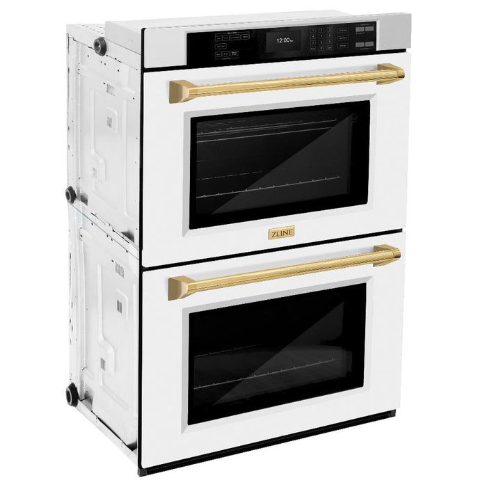 ZLINE Autograph Edition 30 in. Professional True Convection Double Wall Oven with Air Fry and Self Clean in Stainless Steel with White Matte Doors and Polished Gold Handles (WADZ-WM-30-G)