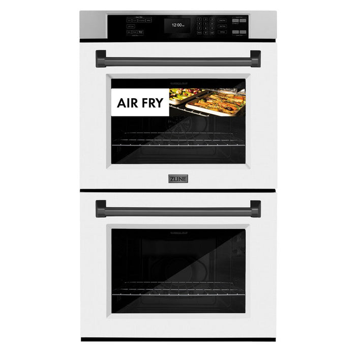 ZLINE Autograph Edition 30 in. Professional True Convection Double Wall Oven with Air Fry and Self Clean in Stainless Steel with White Matte Doors and Matte Black Handles (WADZ-WM-30-MB)