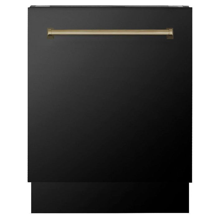 ZLINE Autograph Edition 36 in. Kitchen Package with Black Stainless Steel Dual Fuel Range, Range Hood, Dishwasher and Refrigeration Including Internal Water Dispenser with Champagne Bronze Accents (4AKPR-RABRHDWV36-CB)