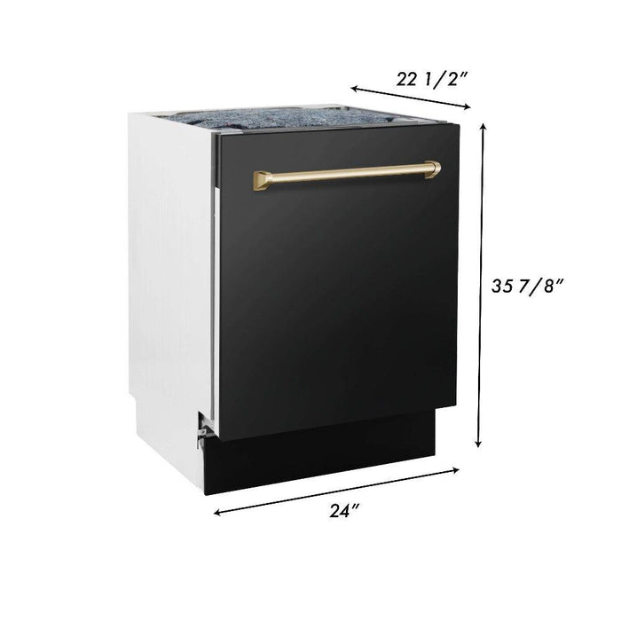 ZLINE Autograph Edition 30 in. Kitchen Package with Black Stainless Steel Dual Fuel Range, Range Hood, Dishwasher, and Refrigerator with External Water Dispenser with Polished Gold Accents (4AKPR-RABRHDWV30-G)