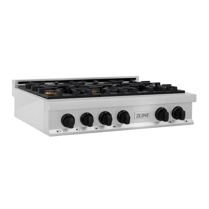 ZLINE Autograph Edition 36 in. Porcelain Rangetop with 6 Gas Burners in DuraSnow® Stainless Steel with Matte Black Accents (RTSZ-36-MB)