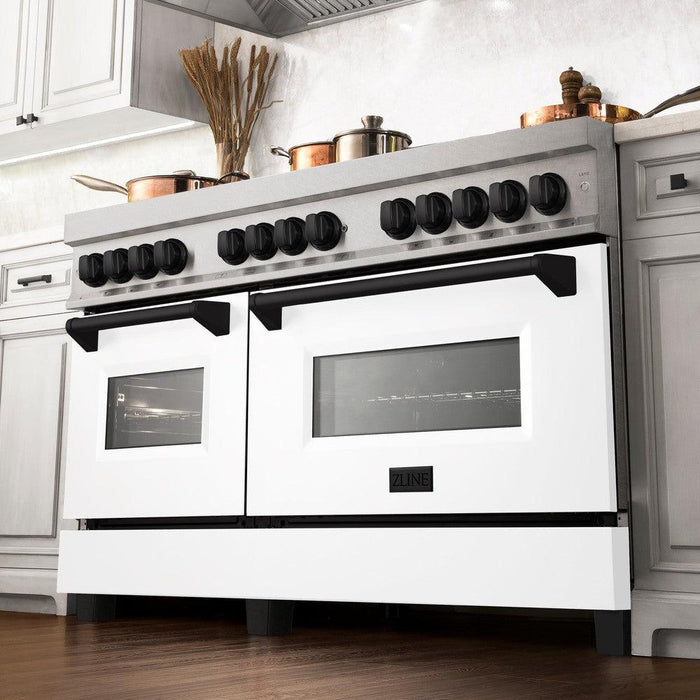 ZLINE Autograph Edition 60 in. 7.4 cu. ft. Legacy Dual Fuel Range with 9 Burner Gas Cooktop and 2 Electric Convection Ovens in DuraSnow® Stainless Steel with White Matte Doors and Matte Black Accents (RASZ-WM-60-MB)