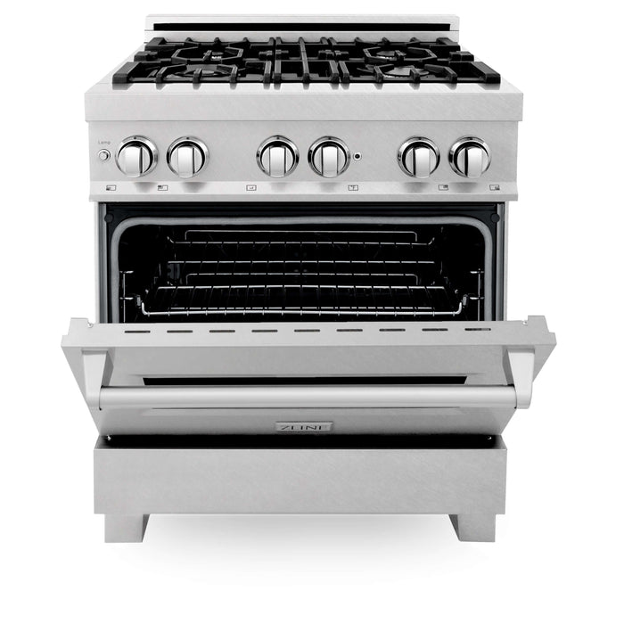 ZLINE 30 in. Kitchen Package with DuraSnow® Stainless Steel Dual Fuel Range and Convertible Vent Range Hood (2KP-RASSNRH30)